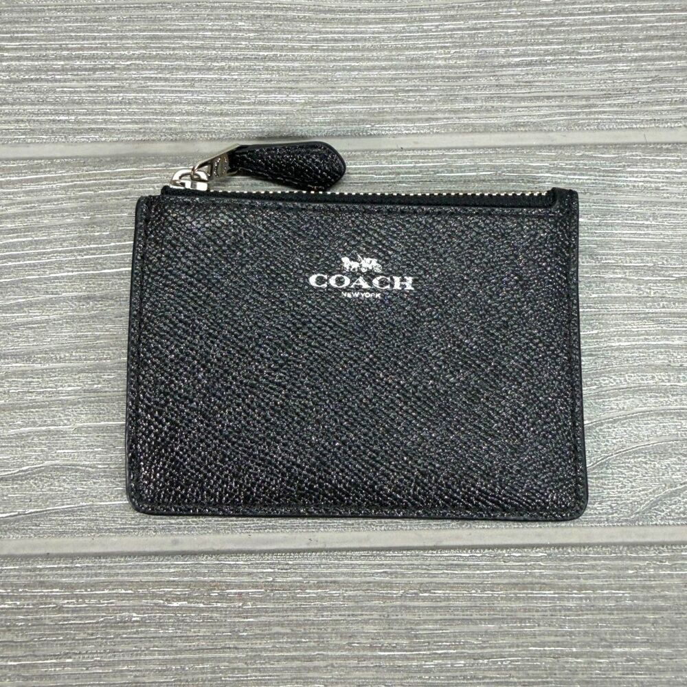 COACH Slim ID Card Wallet Zipper Pouch Keyring Small Black Pebbled Leather